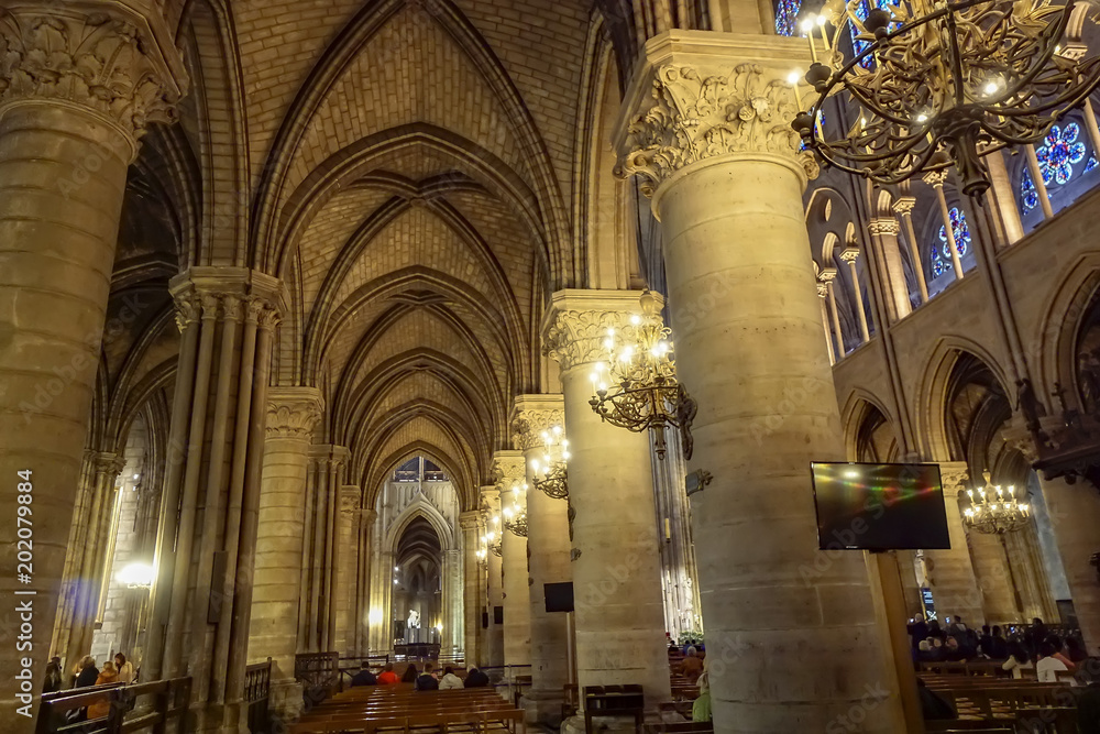 Paris, France- circa May, 2017: Notre Dame de Paris Cathedral Interior on May 2017. Notre Dame construction began in the year 1163 and was completed in the year 1345