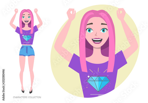 Beautiful young Girl teenager in fashionable clothes ultra violet colors rejoices and happy.