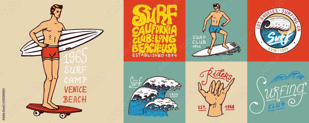 Φωτογραφία Surf badge and wave, palm tree and ocean