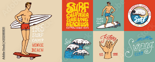 Surf badge and wave, palm tree and ocean. tropics and california. man on the surfboard, summer on the beach and the sea. engraved emblem hand drawn. Banner or poster. sports in Hawaii.