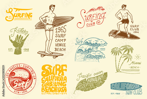Surf badge and wave, palm tree and ocean. tropics and california. man on the surfboard, summer on the beach and the sea. engraved emblem hand drawn. Banner or poster. sports in Hawaii.