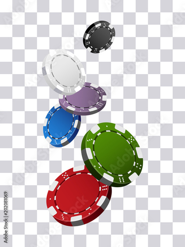 Colorful casino chips falling on transparent background
