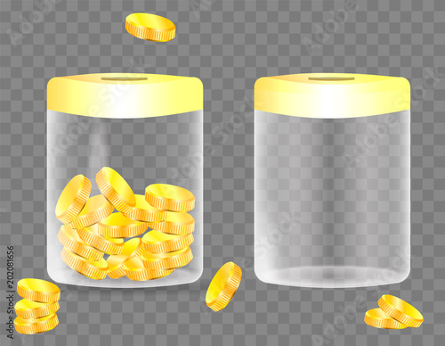 Jar witn golden coins and empty jar isolated on transparent background. Save your money concept. Vector illustration