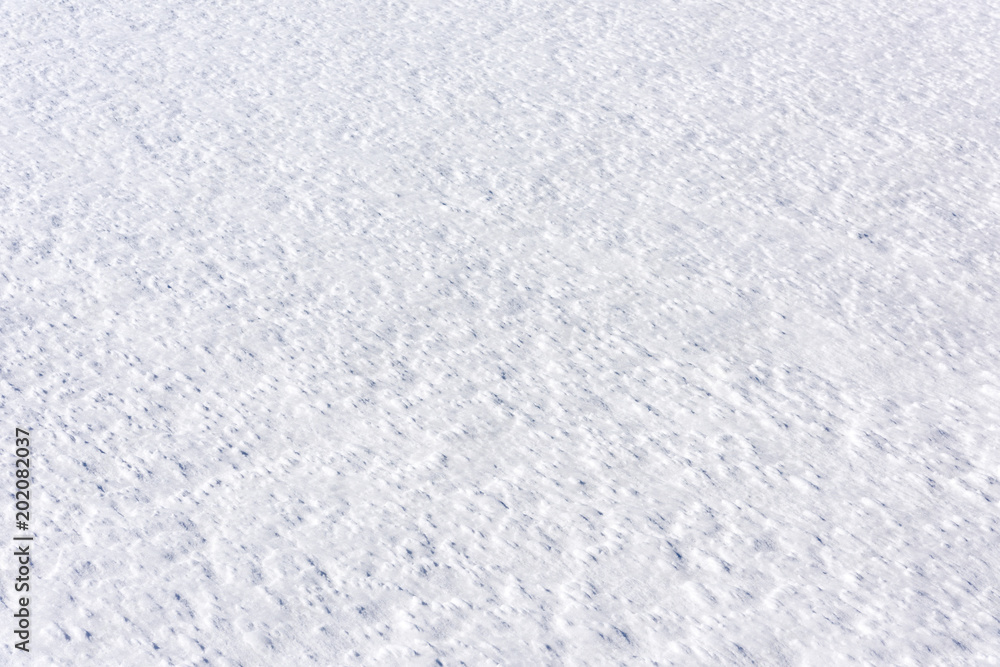 Fototapeta premium Close-up of bright white snow texture or background, surface of the snow in perspective