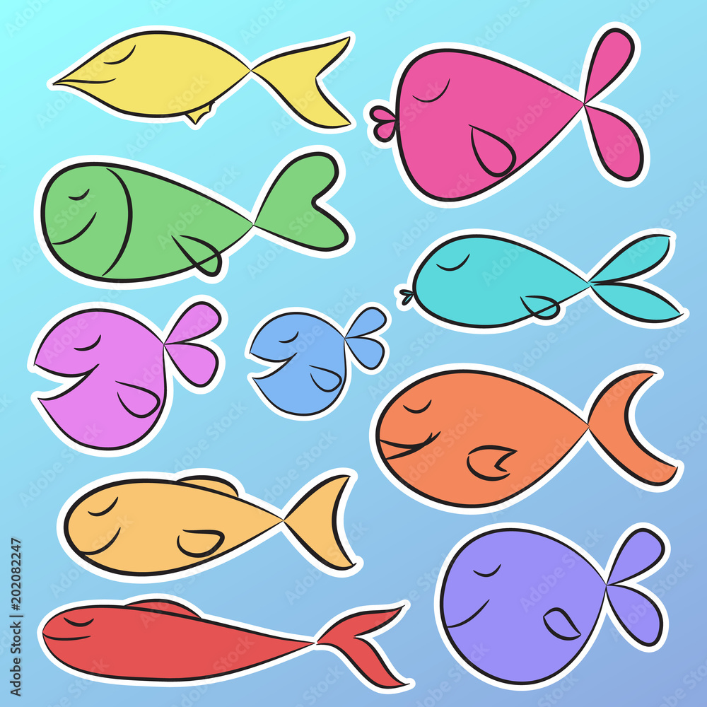 Fototapeta premium Collection of nine ready to use bright stickers with cute colorful fishes. Set of 9 printable labels isolated on gradient background. Vector Illustration.