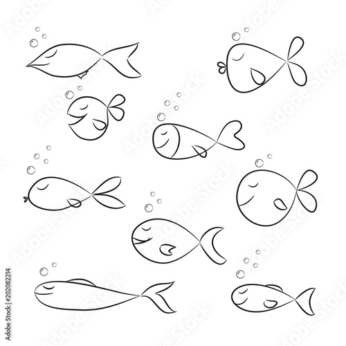 Set of fish sketch on white background. Vector Illustration. Perfect for kids print, t-shirt printing and other design progect.
