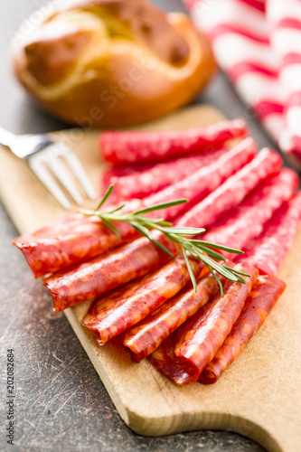 Slices of chorizo salami sausage.