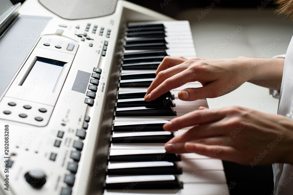 Obraz premium close - up of female hands on the electronic piano in the style of Dead Pan