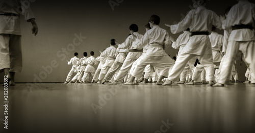 Kids training on karate-do. Black and white. Banner with space for text. For web pages or advertising printing. Photo without faces, from the back. photo