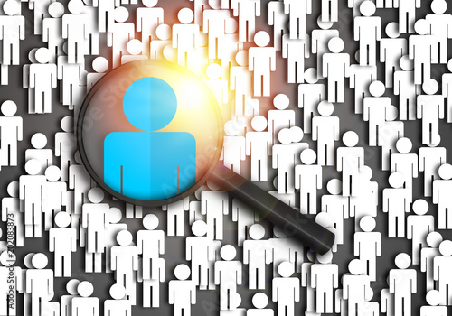 Searching for the best job candidate and people finder concept looking for the right person to stand out from the crowd.  Top pick and best choice for fitting the skillset that HR is looking for.