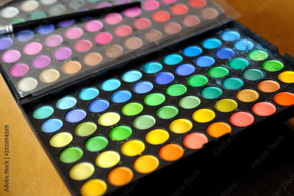 Professional pallet of eyeshadow. Multicoloured eyeshadows. Professional pallet of eyeshadow. Multicoloured eyeshadows.