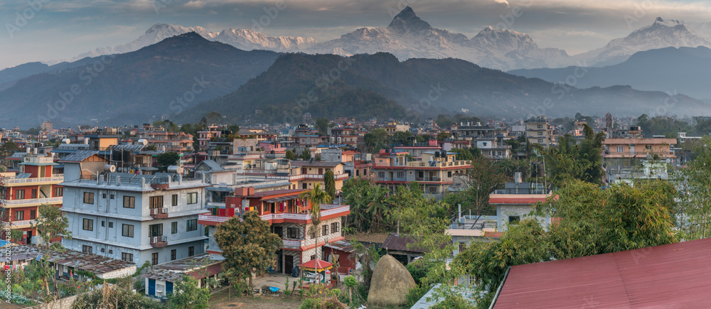 pokhara nepal with machapuchare in distance - obrazy, fototapety, plakaty 