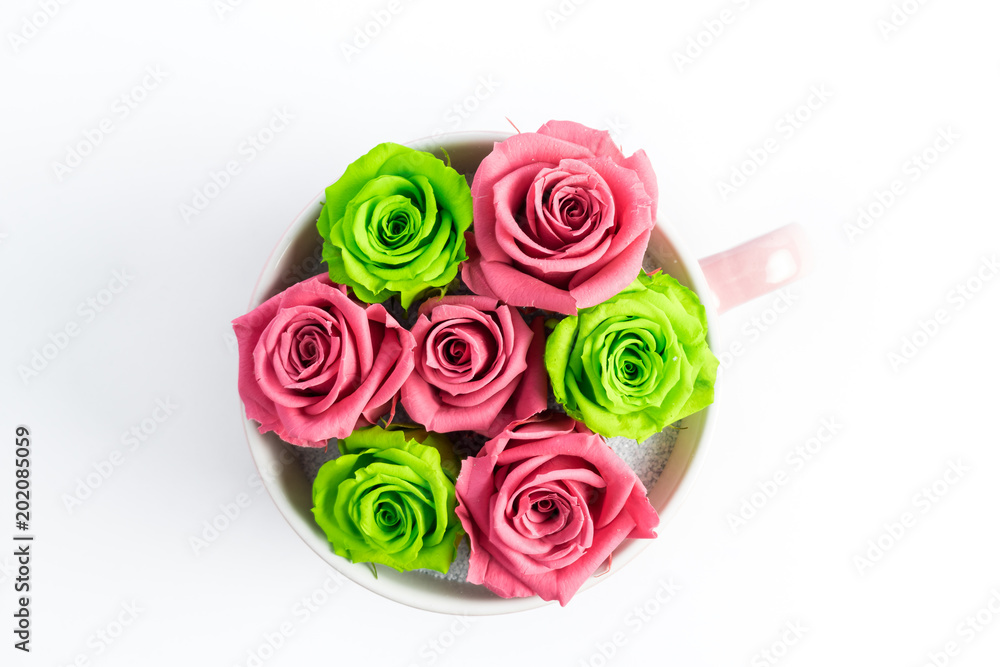 Top view of pink and apple green roses in a large coffee cup isolated on white background Top view of pink and apple green roses in a large coffee cup isolated on white background