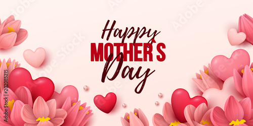 Happy Mothers Day background with flowers and hearts. Vector illustration