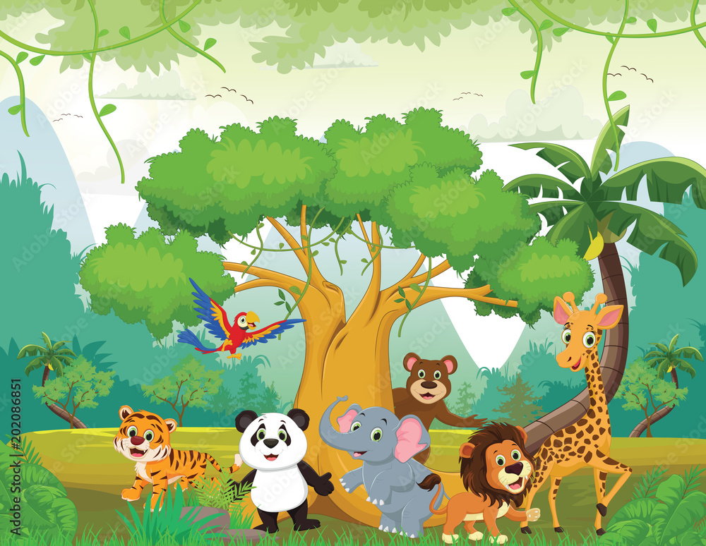 Naklejka premium ilustracja szczęśliwego zwierzęcia w dżungli