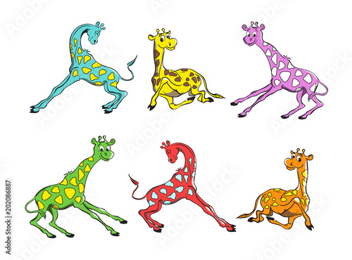 Funny colorful smiling giraffe set. Vector hand drawing cartoon bright multicolor childlike illustration.