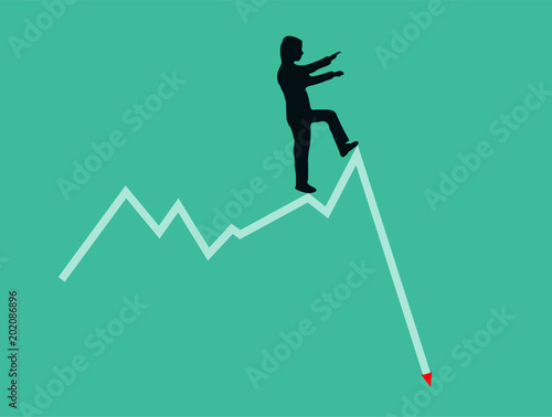 Man walking with both arms up front and one leg forward like climbing upstairs over blue background graph arrow suddenly falling down  vector illustration