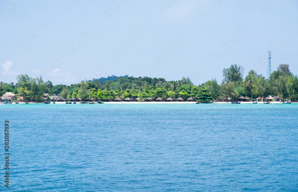 Blue sea with resort,most abundant coral reef at lipe island