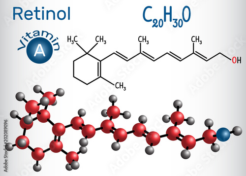 Retinol, vitamin A, is in food and is used as a dietary supplement. Structural chemical formula and molecule model