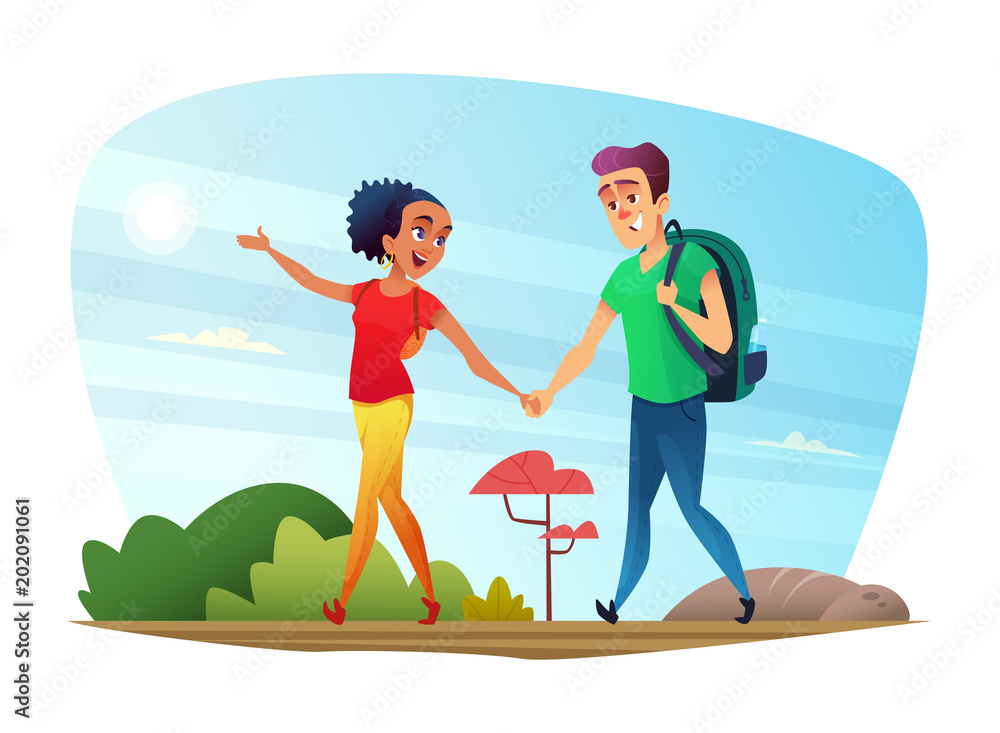 Happy couple of lovers has a journey in nature. Design of cartoon characters.