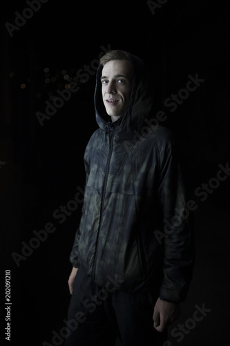 Model on black background wear hoodie