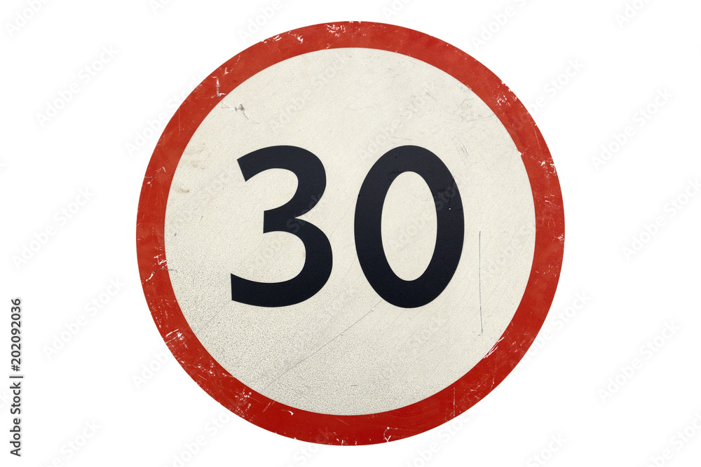 Road sign 'Speed limit 30 km/h' isolated on white. Road sign 'Speed limit 30 km/h' isolated on white.