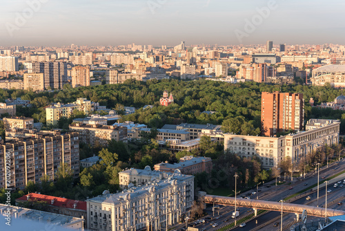 View from the roof on Khoroshevsky district of Moscow. The Northern part of the capital. Leningrad highway. The Metro Airport. Russia. 