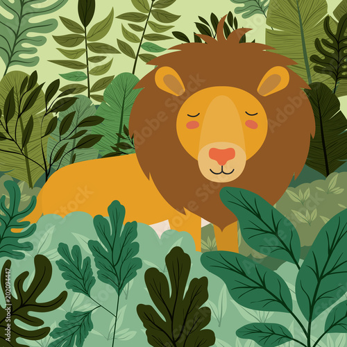 lion in the jungle scene vector illustration design