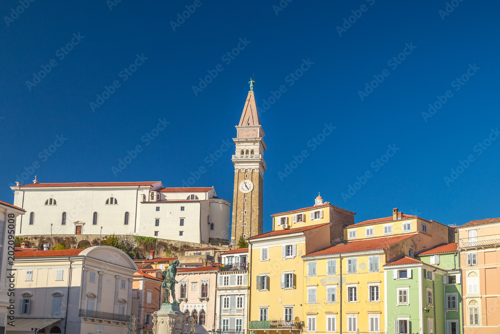 Buildings of Piran town on Adriatic sea, one of major tourist attractions in Slovenia, Europe.
