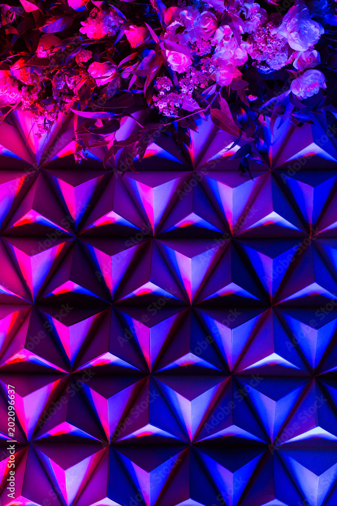 background, floral design, creativity concept. top view of flowers on the small pyramids handcrafted of construction paper for decoration and illuminated with multicolored spotlights background, floral design, creativity concept. top view of flowers on the small pyramids handcrafted of construction paper for decoration and illuminated with multicolored spotlights