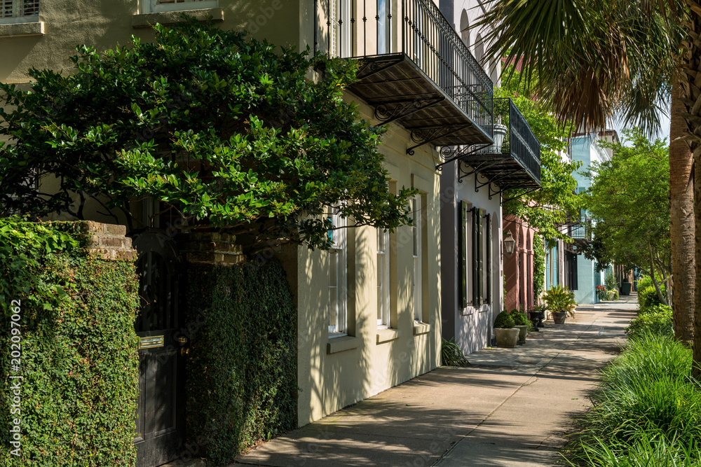Quiet Summer Street - Summer morning view of one of many quiet, colorful and well-preserved historic streets in Downtown Charleston, South Carolina, USA.