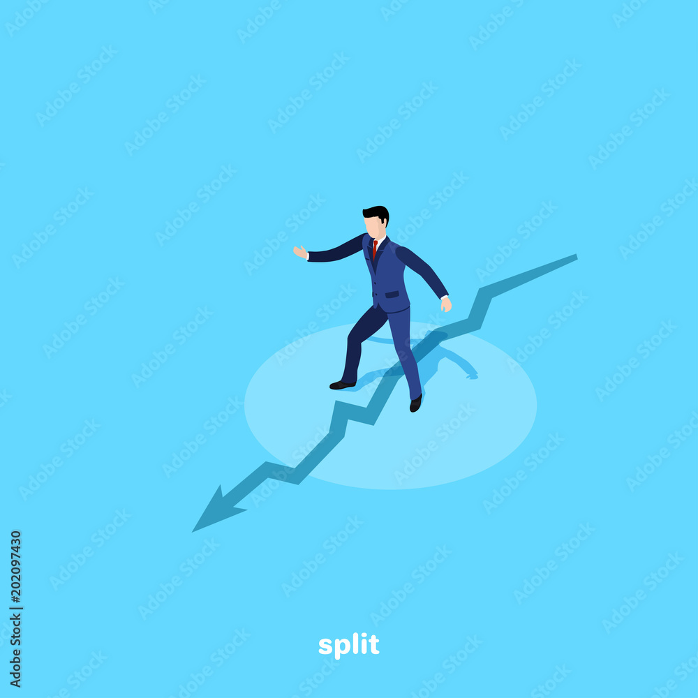 a man in a business suit with arms spread out in the sides is standing on a big crack in the ground, an isometric image a man in a business suit with arms spread out in the sides is standing on a big crack in the ground, an isometric image