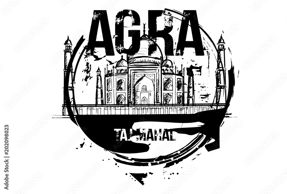 Taj Mahal. Agra, india city design. Hand drawn illustration.