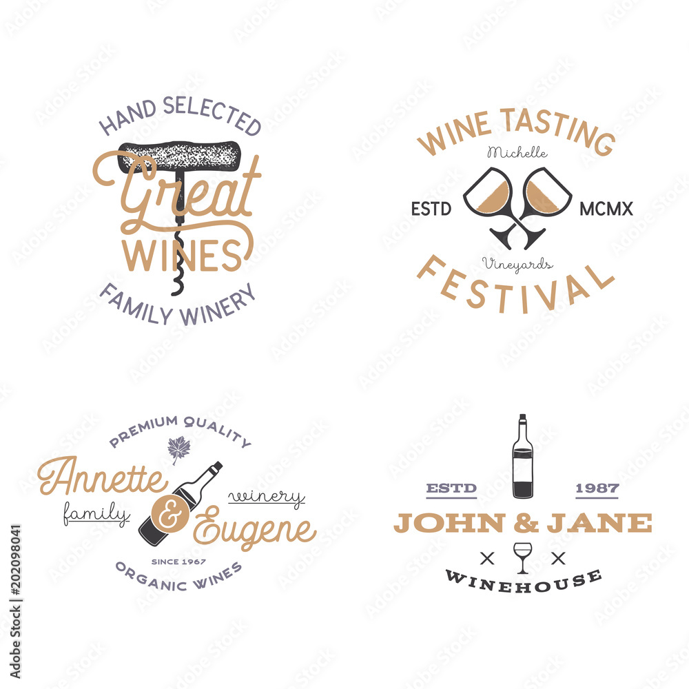 Wine shop badges templates in typography style perfect for winery, vineyard or any drink store. Retro monochrome design will be good on any identity - t shirts, prints, bottles. Stock vector labels