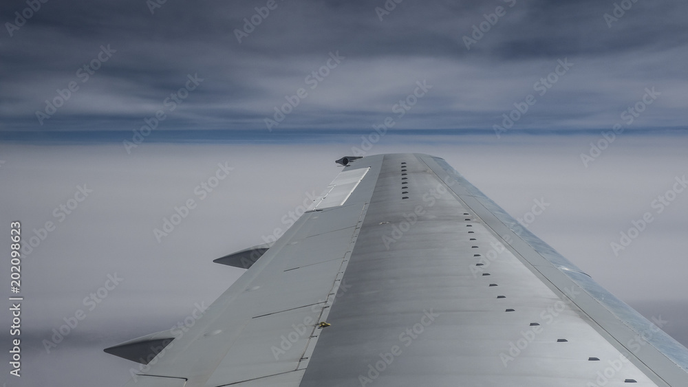 Fototapeta premium wing of airplane above the clouds