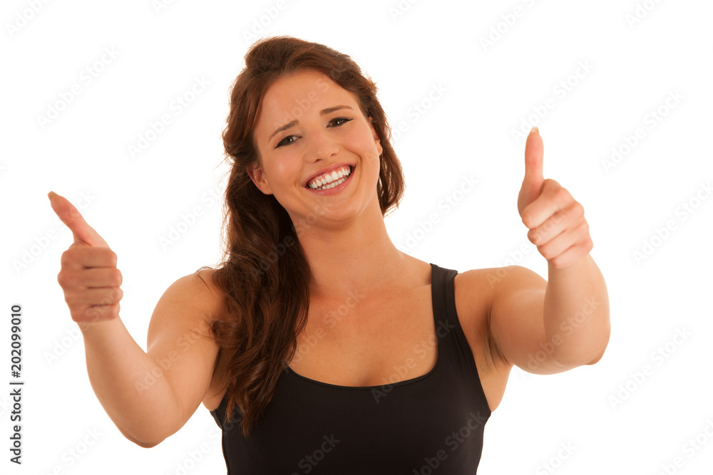 Beautiful young brunette woman gesturing success with thumb up isolated over white background Beautiful young brunette woman gesturing success with thumb up isolated over white background