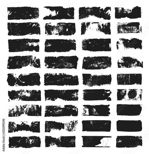 Big set of rectangular text box. Grunge paint stripe. Vector brush stroke. Black grunge spots with place for your text. Spots created with paint roller and black acrylic. Elements for design.