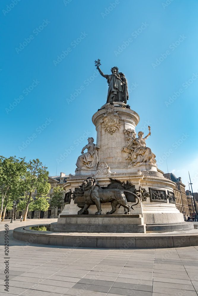 Monument to the republic, bronze statue of Marianne, a personification of the French republic at the Place de Republique in Paris, France