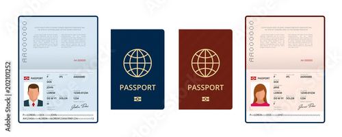 Vector Blank open passport template. International passport with sample personal data page. Document for travel and immigration. Isolated vector illustration. photo