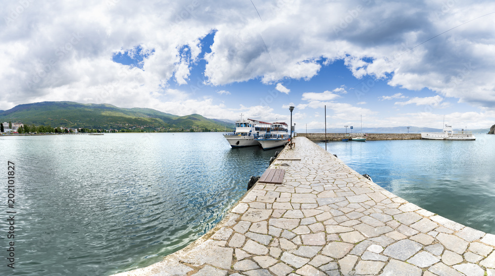 Panorama of Dock in Ohrid. City Ohrid and Lake Ohrid were accepted as Cultural and Natural World Heritage Sites by UNESCO