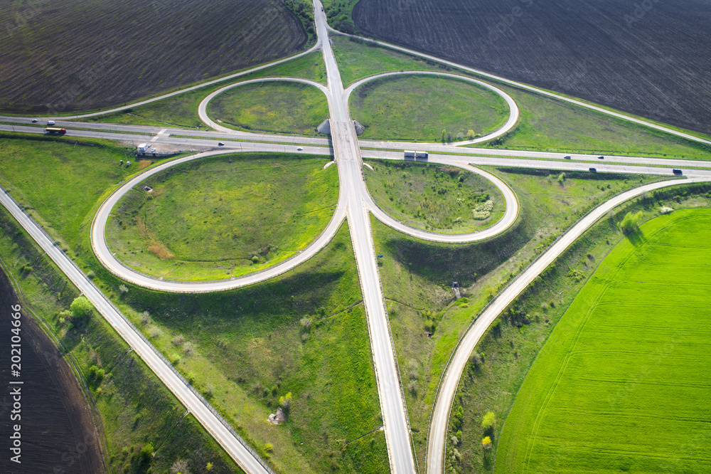 circle shape of road bridge in Ukraine in drone view