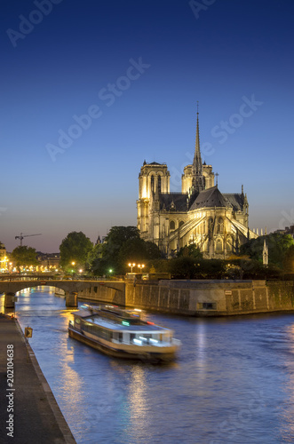 Notre dame de Paris by night and the Seine river with tourist boat, vertical