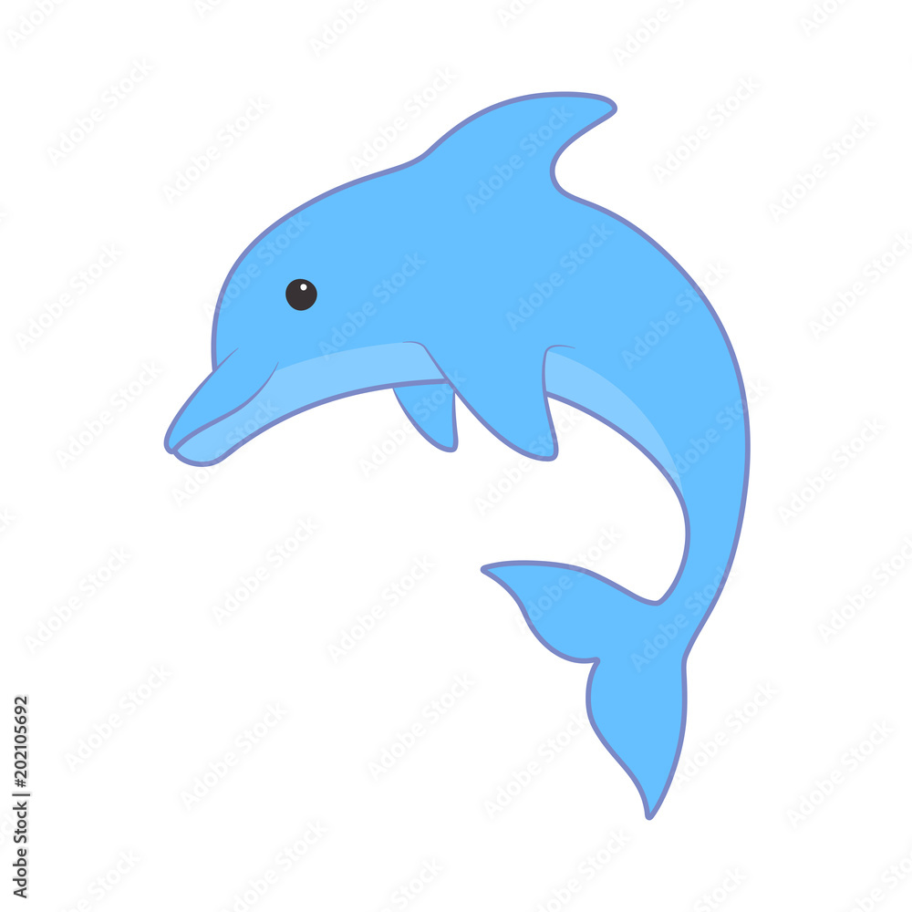 Jumping dolphin. Cute blue dolphin in cartoon style. Vector illustration for swimming pool brochure or banner. Isolated Jumping dolphin. Cute blue dolphin in cartoon style. Vector illustration for swimming pool brochure or banner. Isolated