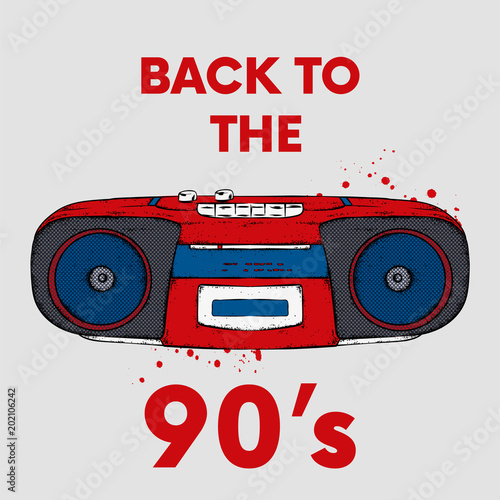 Multicolored cassette tape recorder from the 90's. Vector illustration. Music. The player.