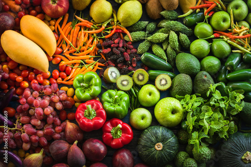 Fototapeta Naklejka Na Ścianę i Meble -  Flat lay of fresh  fruits and vegetables organic, Different fruits and vegetables for eating healthy, Colorful fruits and vegetables for healthy lifestyle