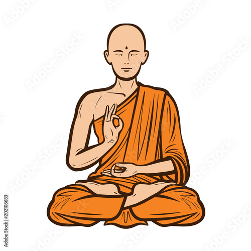 Buddhist in orange robe. Buddha, Buddhism concept. Cartoon vector illustration