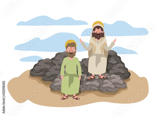 Jesus christ with apostle in the dessert characters vector illustration design