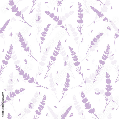 Lavender flowers light purple repeat pattern. Beautiful violet lavender retro background. Elegant fabric on light background Surface pattern design. © Oksancia