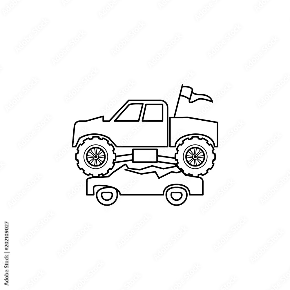 bigfoot car crushes cars illustration. Element of extreme races for mobile concept and web apps. Thin line bigfoot car crushes cars illustration can be used for web and mobile