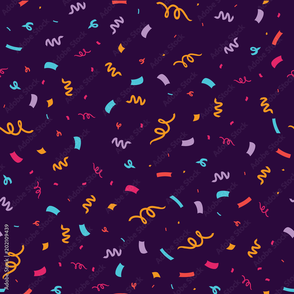 Fun confetti purple seamless repeat pattern. Great for a birthday party or an event celebration invitation or decor. Surface pattern design. - obrazy, fototapety, plakaty 